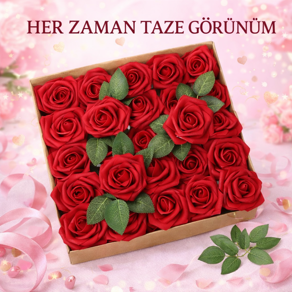 25 Adet Yapay Kırmızı Gül Başlığı – Dekoratif Buket & Aranjman Çiçeği