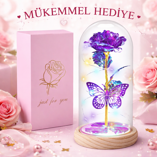 Işıklı Cam Fanus İçinde Mor Galaksi Gül – Kelebekli Dekoratif Hediye